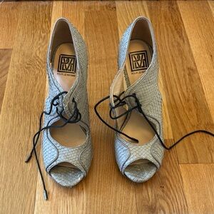 Pour La Victoire Light Gray Snake-Embossed Lace-Up Peep-Toe Heels